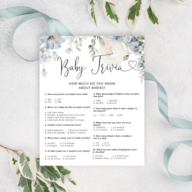 Elegant Blue Flowers Baby Shower Trivia Game (Creator Uploaded)
