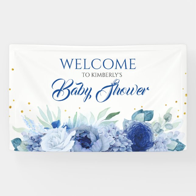 Elegant Blue Flowers Baby Shower Welcome Banner (Horizontal)