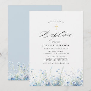 Elegant blue flowers baptism invitation