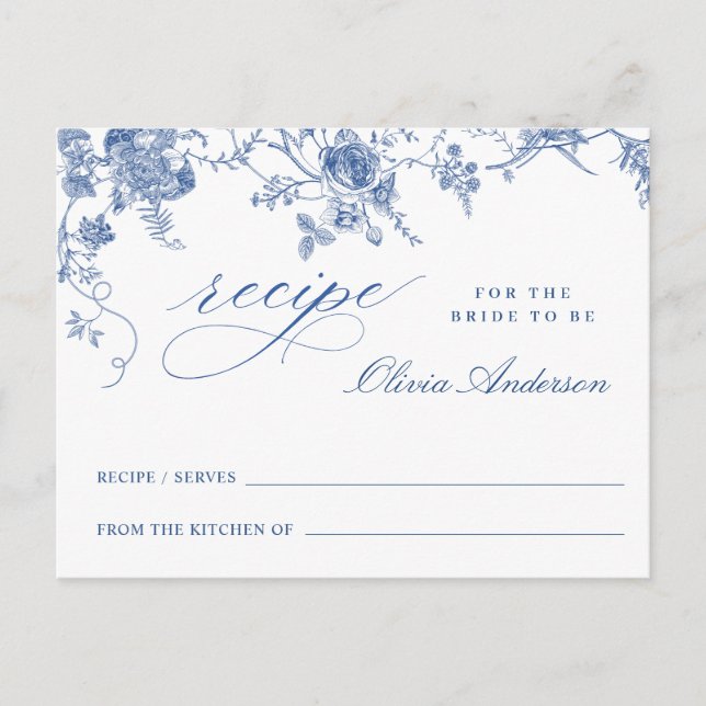 Elegant Blue Flowers Bridal Shower Recipe Card (Front)