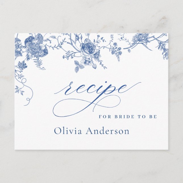 Elegant Blue Flowers Bridal Shower Recipe Card (Front)
