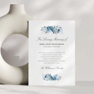 elegant blue flowers funeral thank you card