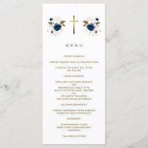 Elegant Blue Flowers Gold Cross Boy Baptism Menu