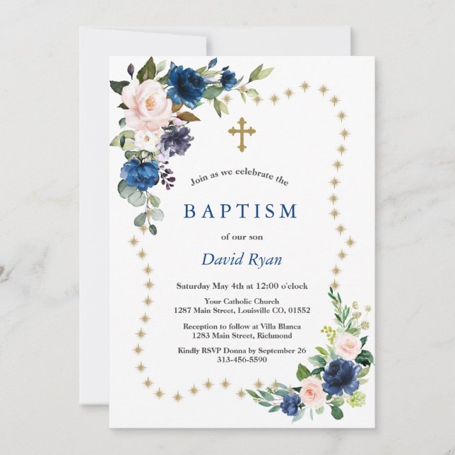 Elegant Blue Flowers Gold Glitter Sparkles Baptism Invitation (Front)