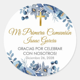 Elegant Blue Flowers in Spanish First Communion  Classic Round Sticker