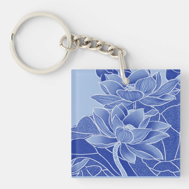 Elegant Blue Flowers Lotus Lily Chinoiserie Chic Keychain (Front)