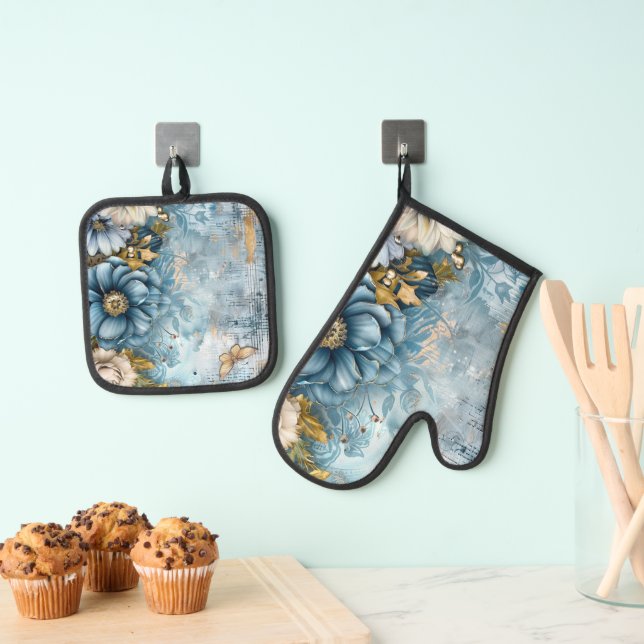 Elegant Blue Flowers Oven Mitt & Pot Holder Set (Insitu(Hanging))