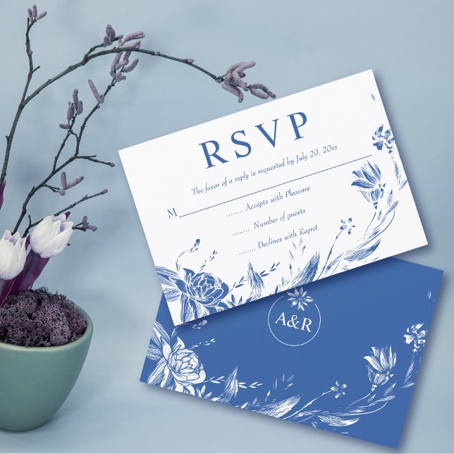 Elegant blue flowers typography floral wedding RSVP card (Creator Uploaded)