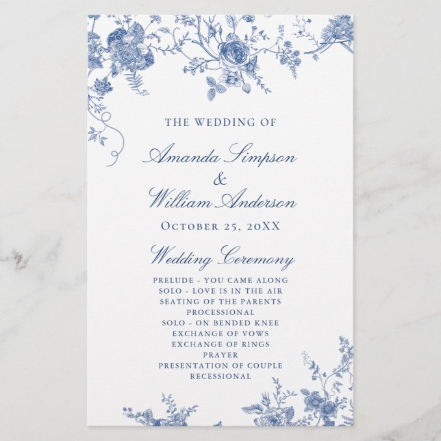 Elegant Blue Flowers Wedding Ceremony Program (Front)