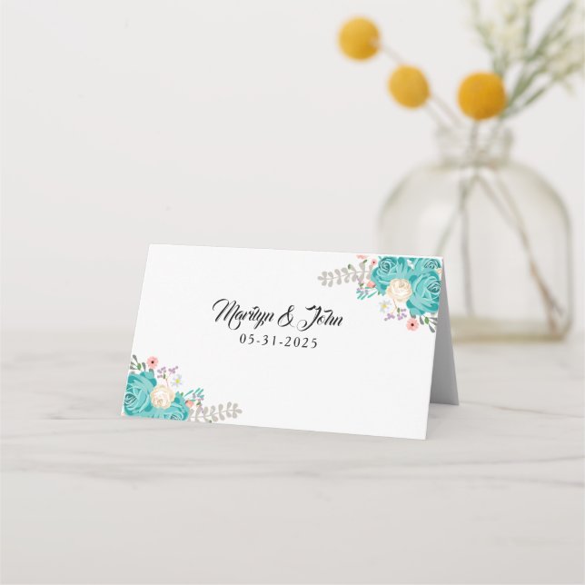 Elegant Blue Flowers Wedding Place Card (Front)