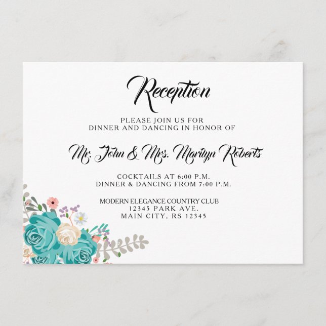 Elegant Blue Flowers Wedding Reception Enclosure Card (Front)