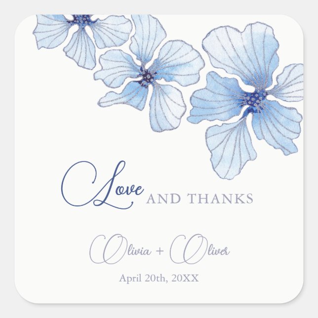 Elegant Blue Flowers Wedding Square Sticker (Front)
