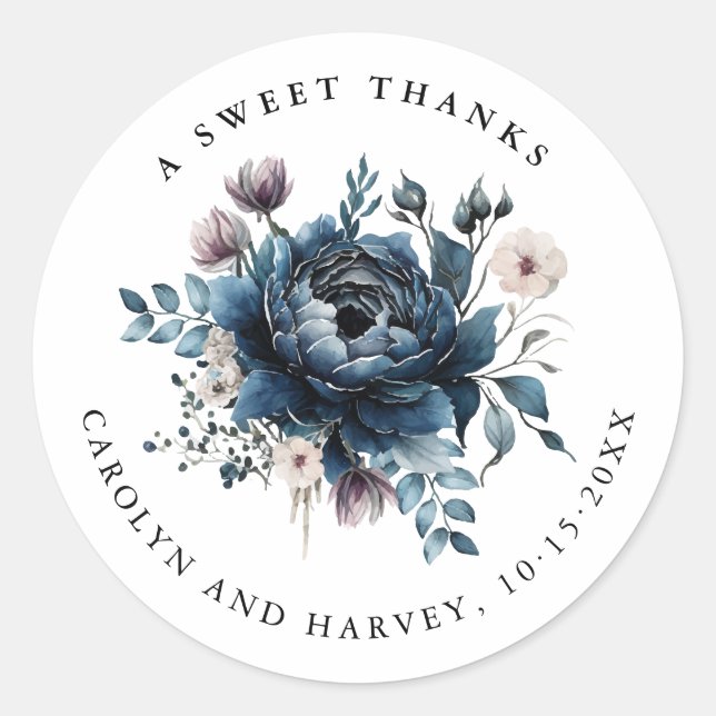 Elegant Blue Flowers Wedding Thank You Stickers (Front)