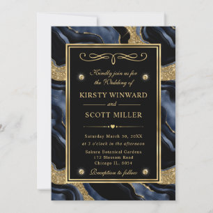 Elegant Blue Foil and Gold Glitter Agate Wedding Invitation