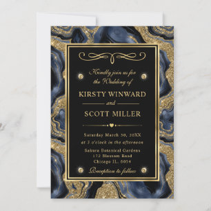Elegant Blue Foil and Gold Glitter Agate Wedding Invitation