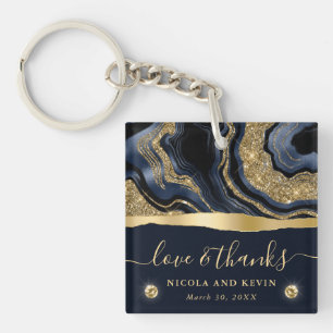 Elegant Blue Foil and Gold Glitter Agate Wedding Keychain