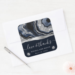 Elegant Blue Foil and Silver Glitter Agate Wedding Square Sticker