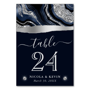 Elegant Blue Foil and Silver Glitter Agate Wedding Table Number