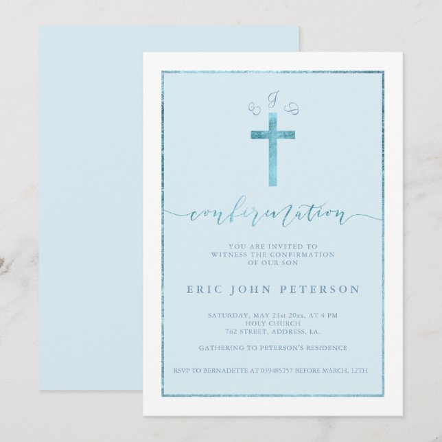 Elegant blue foil cross boy monogram confirmation invitation (Front/Back)