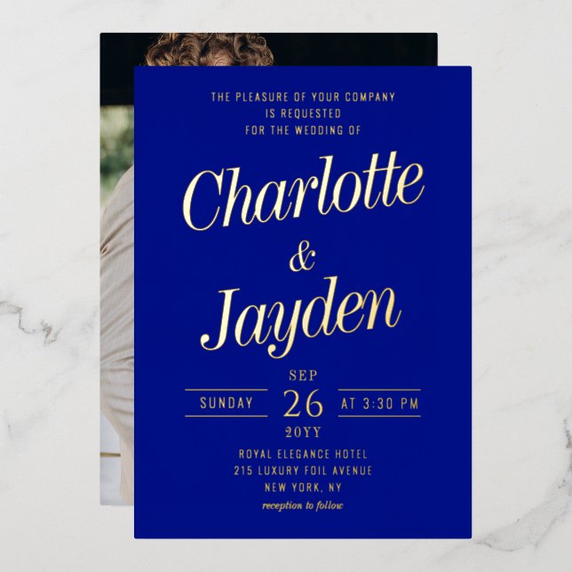 Elegant Blue Foil Script Photo Wedding (Front/Back)