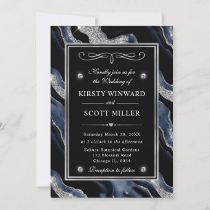 Elegant Blue Foil & Silver Glitter Agate Wedding Invitation