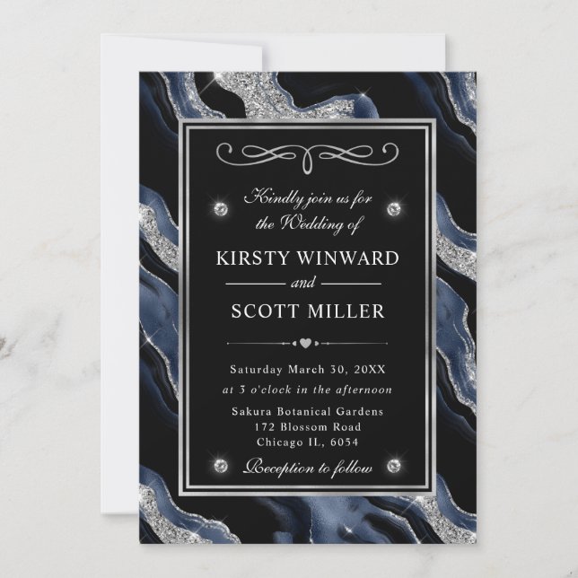 Elegant Blue Foil & Silver Glitter Agate Wedding Invitation (Front)