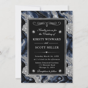 Elegant Blue Foil & Silver Glitter Agate Wedding Invitation
