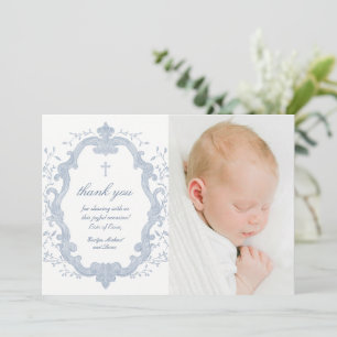 Elegant Blue Foliage Crest Baptism Photo Thank You Card