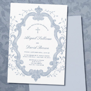 Elegant Blue Foliage Crest Religious Wedding Invitation