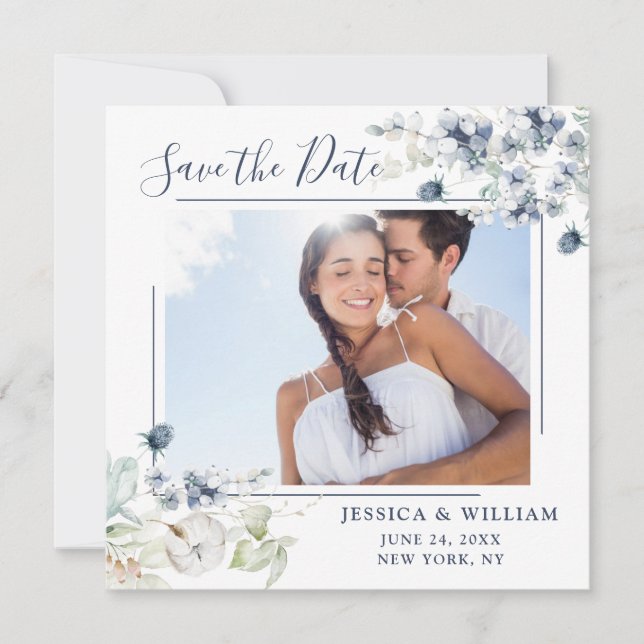 Elegant Blue  Foliage PHOTO Wedding Save the Date (Front)