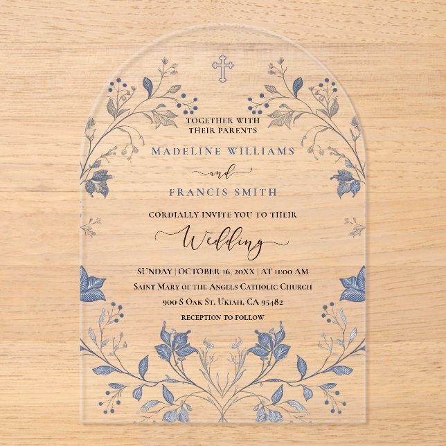 elegant blue foliage religious wedding acrylic invitations (Front)