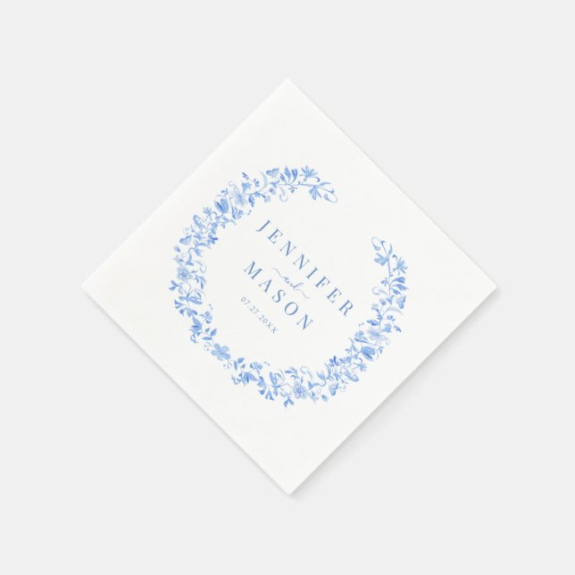 Elegant blue folk floral wedding paper napkins (Corner)
