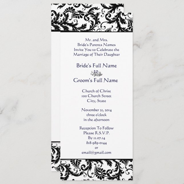 Elegant Blue Font Black Damask Wedding Invitation (Front/Back)