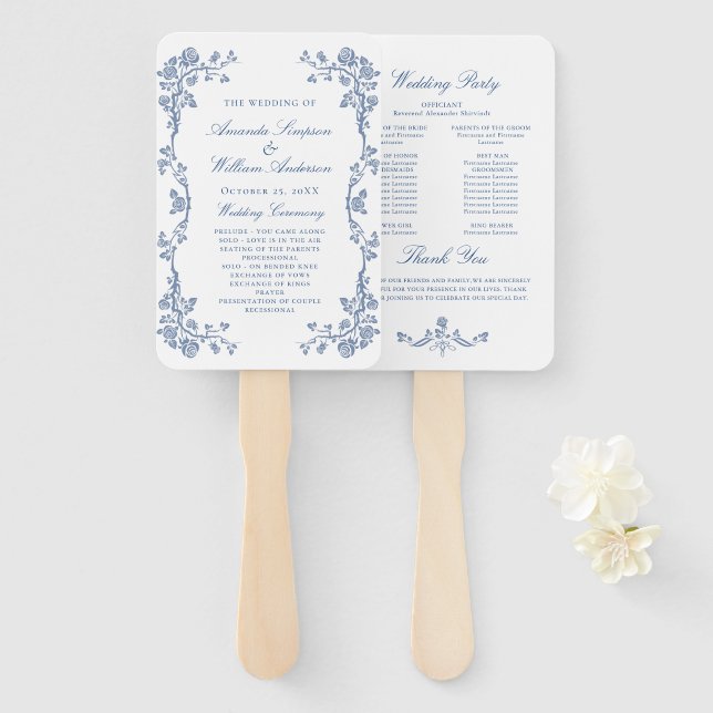 Elegant Blue France Flowers Wedding Program Hand Fan (Front and Back)