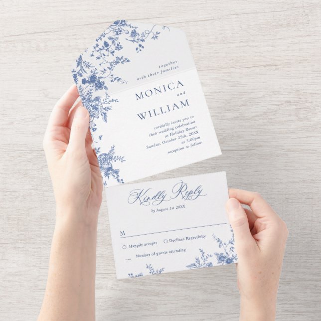 Elegant Blue France Garden Flowers Wedding All In One Invitation (Tearaway)