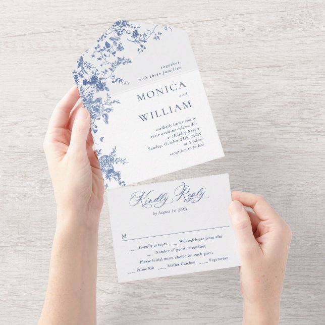 Elegant Blue France Garden Flowers Wedding All In One Invitation (Tearaway)