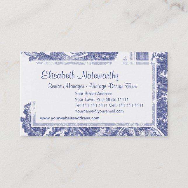 Elegant Blue French Baroque Toile Business Card (Front)
