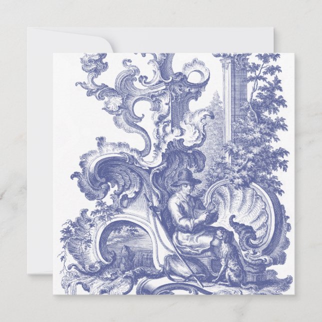 Elegant Blue French Baroque Toile Invitation (Front)