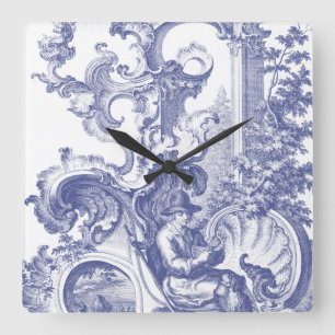 Elegant Blue French Baroque Toile Square Wall Clock