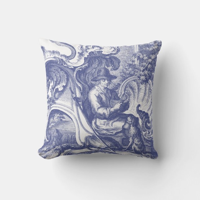 Elegant Blue French Baroque Toile Throw Pillow (Front)