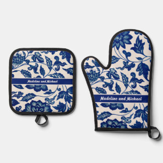 Elegant Blue French Country Chinoiserie Name Oven Mitt & Pot Holder Set