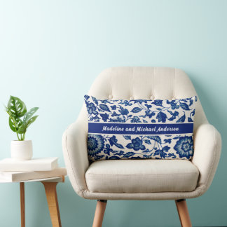 Elegant Blue French Country Chinoiserie Names Year Lumbar Pillow