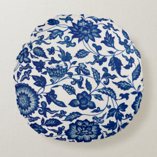 Elegant Blue French Country Chinoiserie Toile Round Pillow