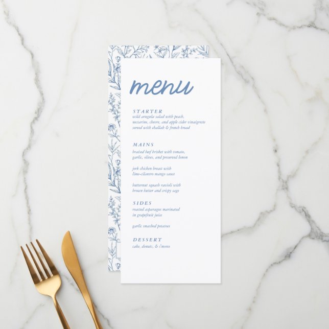 Elegant Blue French Floral Bridal Shower Menu (Front/Back In Situ)