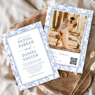 Elegant Blue French Floral Photo QR Code Invitation