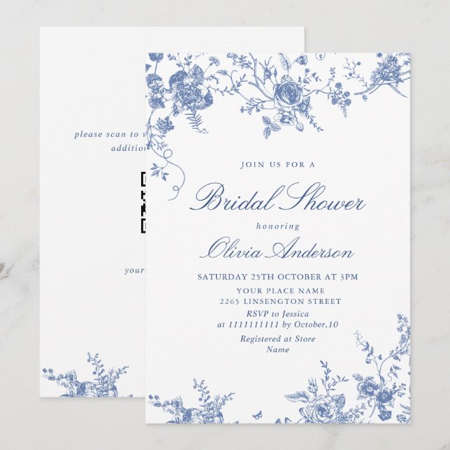 Elegant Blue French Garden BRIDAL SHOWER QR code Invitation (Front/Back)