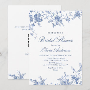 Elegant Blue French Garden BRIDAL SHOWER QR code Invitation