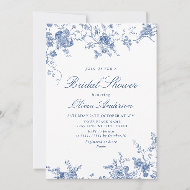 Elegant Blue French Garden BRIDAL SHOWER QR code Invitation (Front)