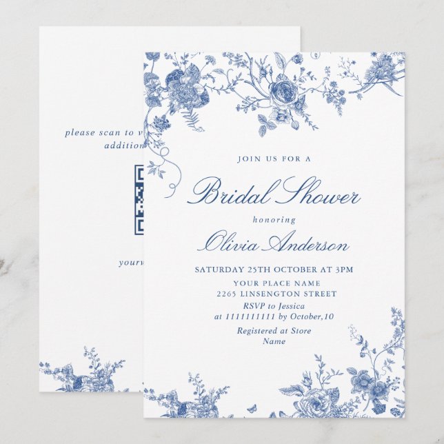 Elegant Blue French Garden BRIDAL SHOWER QR code Invitation (Front/Back)