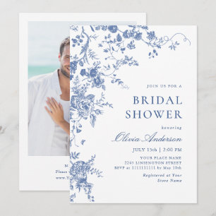 Elegant Blue French Garden Floral BRIDAL SHOWER Invitation